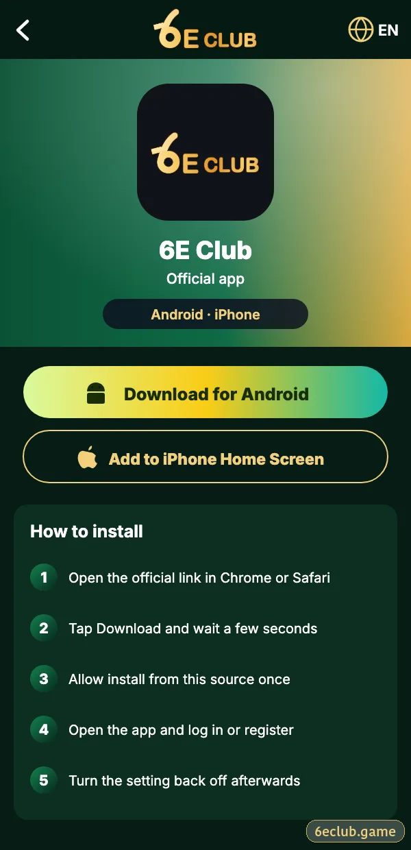 Official 6E Club app page