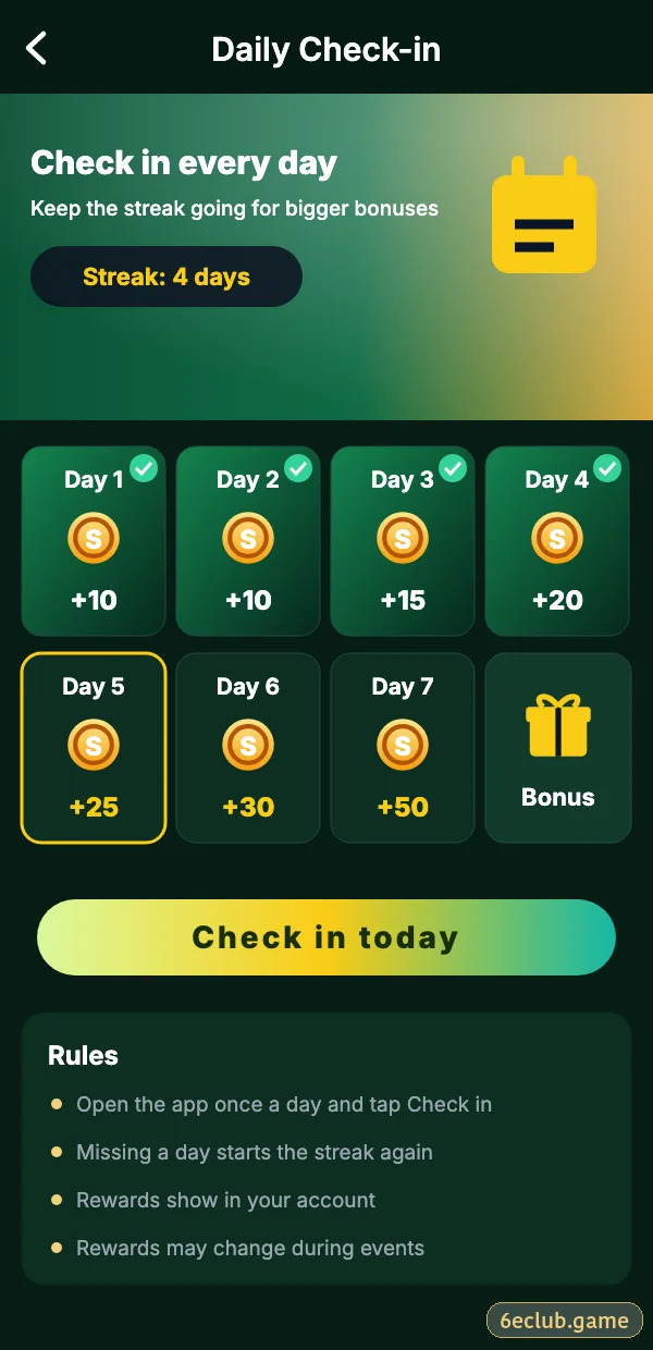 6E Club check-in calendar